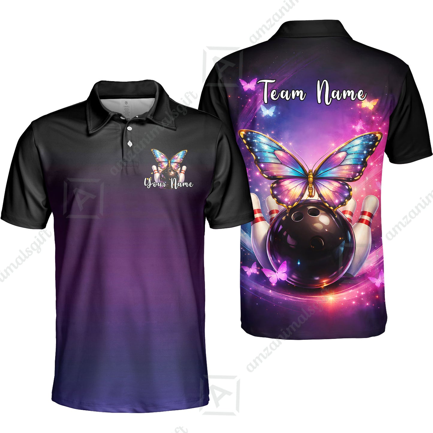 Custom Bowling Polo Shirt, Midnight Butterfly Bowling, Custom Bowling Polo Team Shirt With Name & Team Name