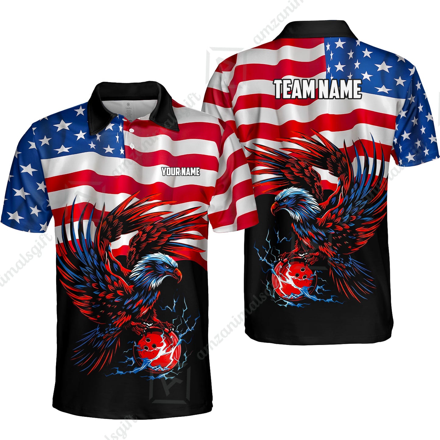 Custom Bowling Jersey Polo Shirt, Eagle America Flag Bowling Thunder, Custom Bowling Jersey Team Shirt For Players With Name and Team Name
