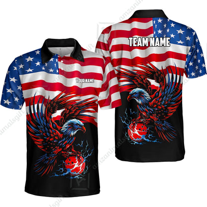 Custom Bowling Jersey Polo Shirt, Eagle America Flag Bowling Thunder, Custom Bowling Jersey Team Shirt For Players With Name and Team Name