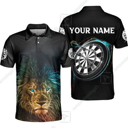 Customized Name Darts Polo Shirt, Blue Bullseye Dartboard Personalized Lion And Darts Polo Shirt