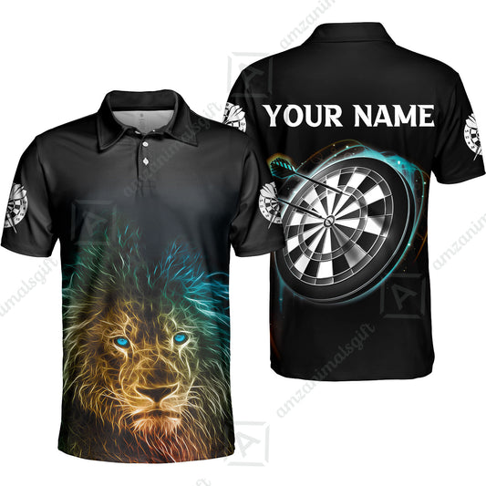 Customized Name Darts Polo Shirt, Blue Bullseye Dartboard Personalized Lion And Darts Polo Shirt