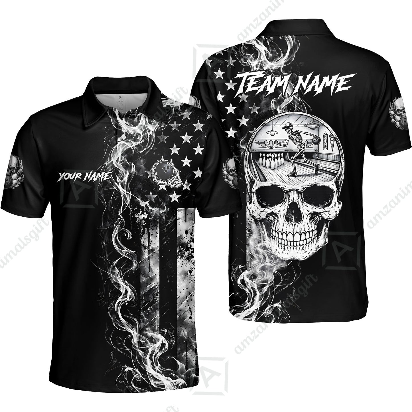 Custom Bowling Jersey Polo Shirt, Gothic Skeleton Skull Strike, Custom Bowling Jersey Team Shirt For Players With Name and Team Name