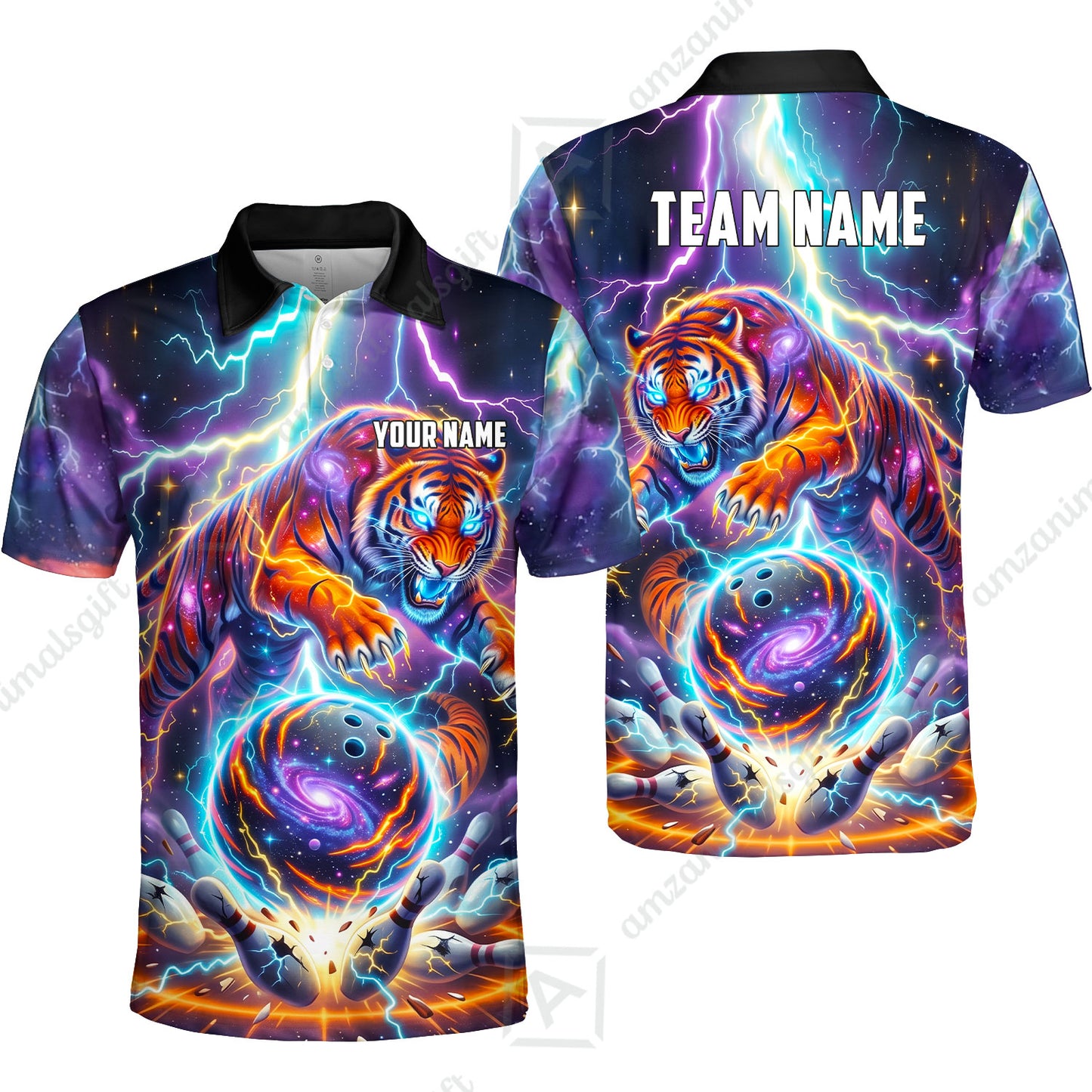Custom Bowling Jersey Polo Shirt, Galactic Tiger Electric Strike, Custom Bowling Jersey Team Shirt For Players With Name and Team Name