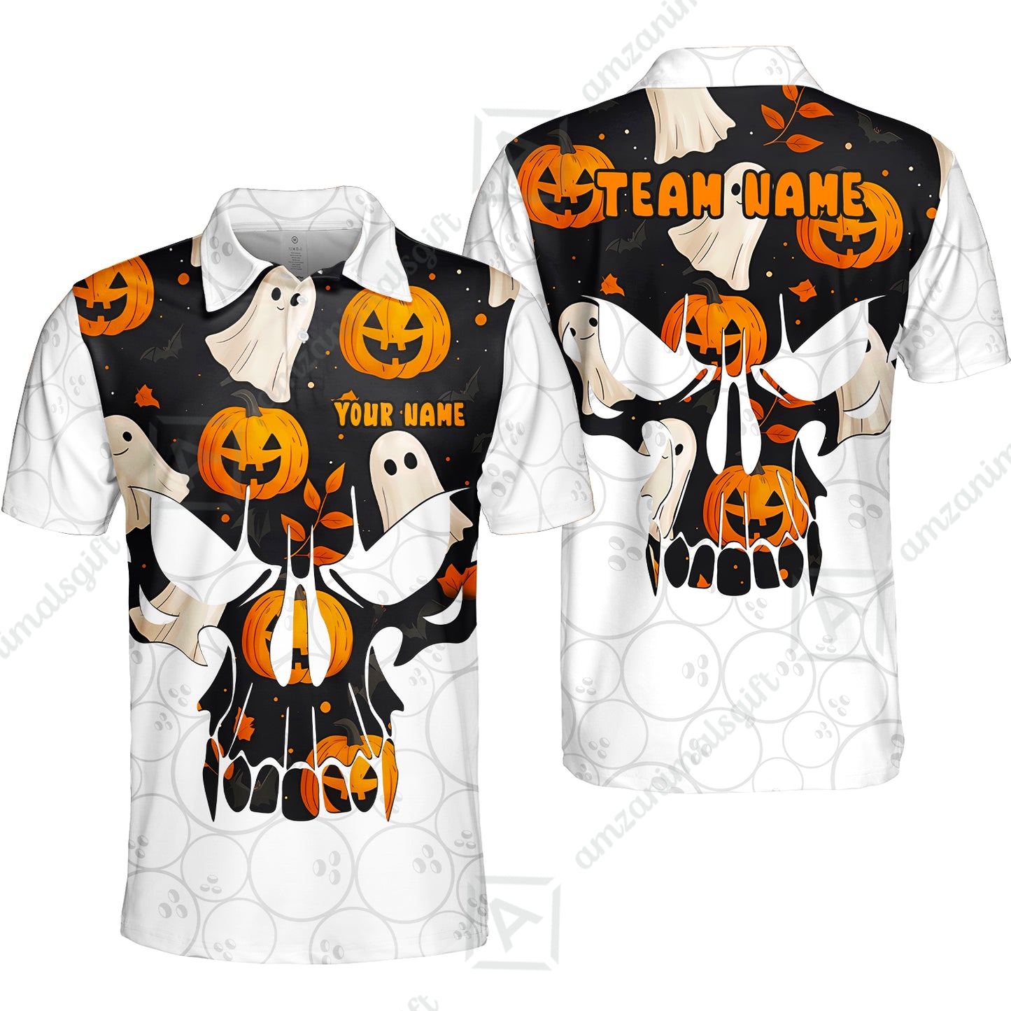 Custom Bowling Jersey Polo Shirt, Halloween Pattern Skull, Custom Bowling Jersey Team Shirt For Players With Name & Team Name