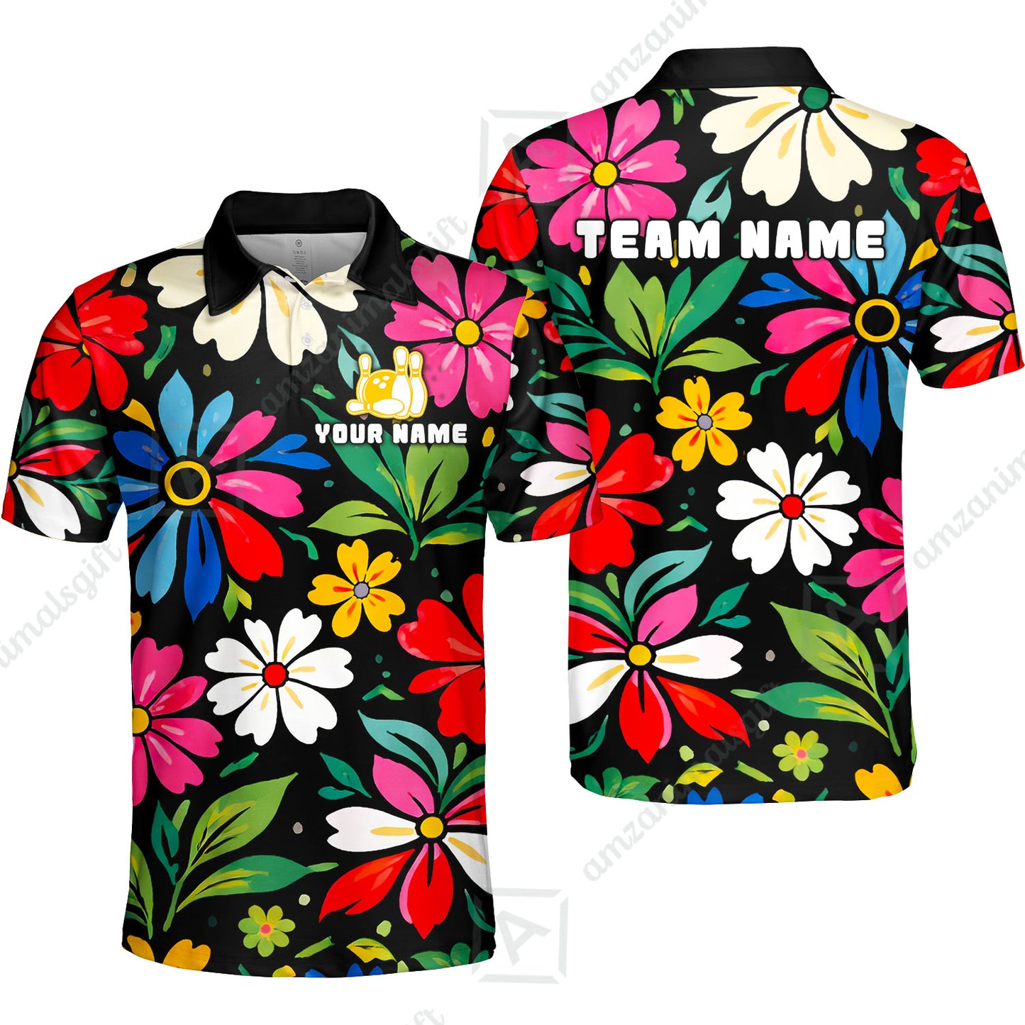 Custom Bowling Jersey Polo Shirt, Vibrant Summer Bloom Floral, Custom Bowling Jersey Team Shirt For Players With Name and Team Name