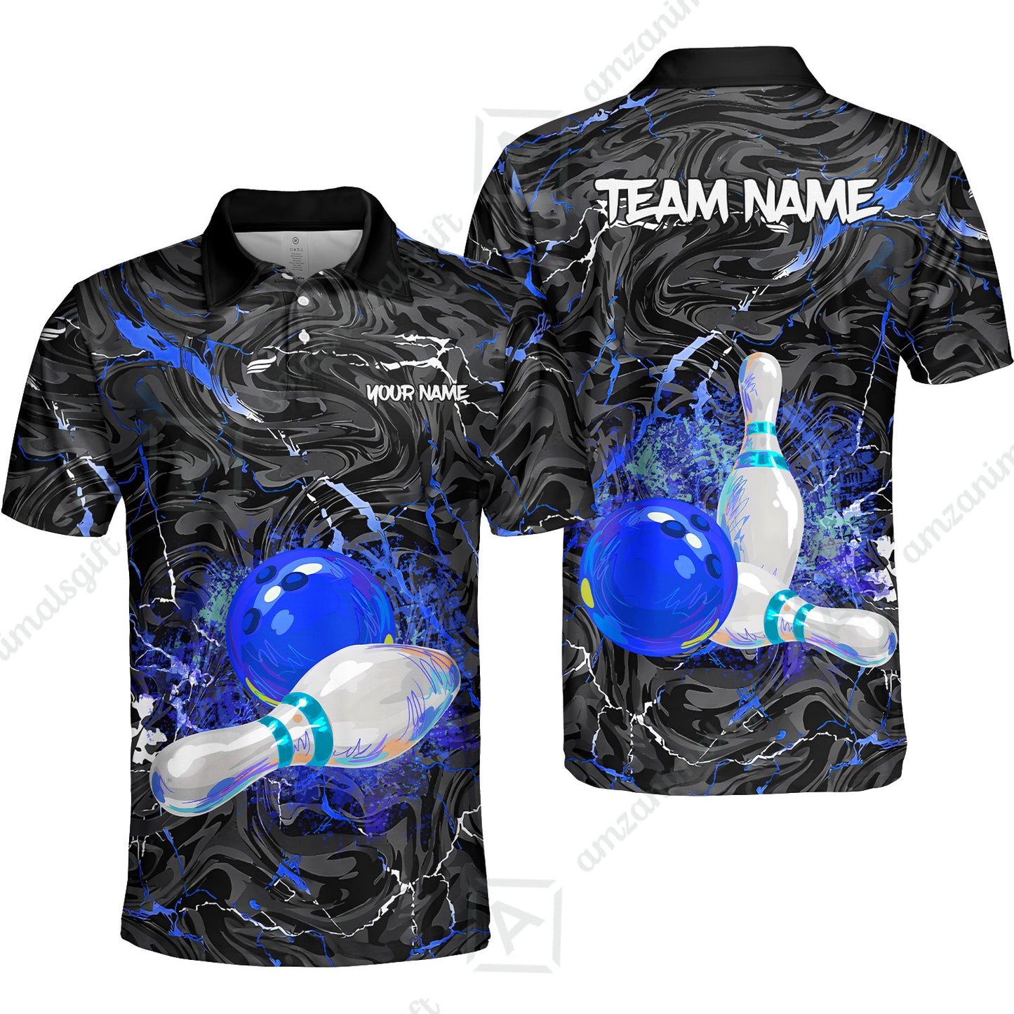 Customized Bowling Unisex Polo Shirt, Swirling Marbled Pattern Vibrant Veins, Bowling Uniforms, Personalized Name And Team Name