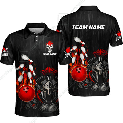 Custom Bowling Jersey Polo Shirt, Fire Bowling Knight Rain Skull Logo, Personalize Name & Team Name