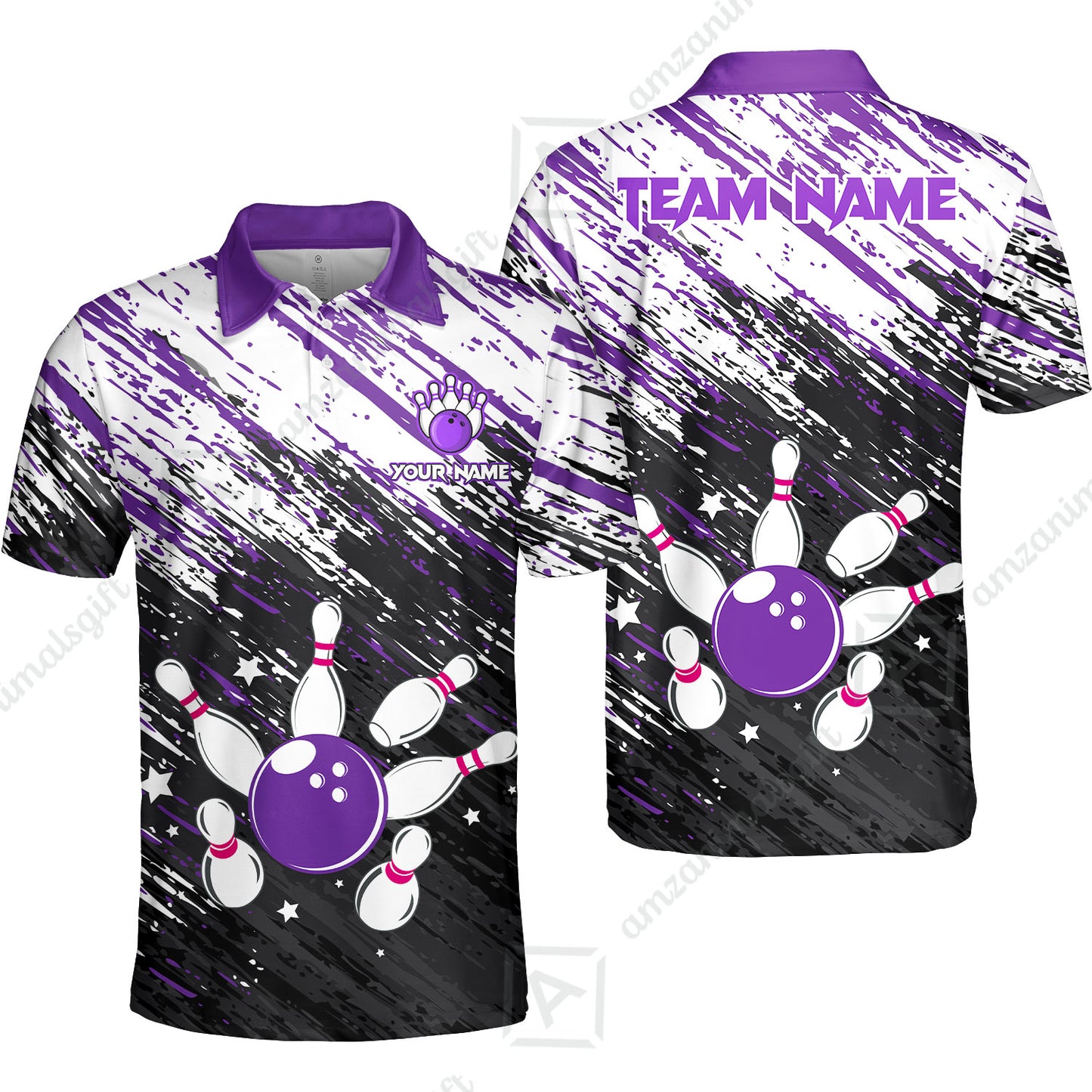 Customized Bowling Unisex Polo Shirt, Floral Pattern Black Purple Brush Wrap Abstract, Personalized Name Team Name