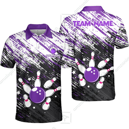 Customized Bowling Unisex Polo Shirt, Floral Pattern Black Purple Brush Wrap Abstract, Personalized Name Team Name