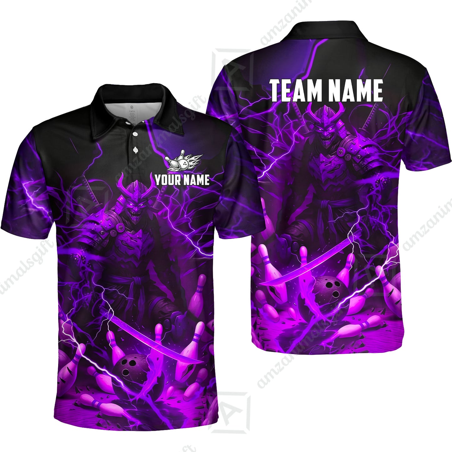 Custom Bowling Jersey Polo Shirt, Fiery Samurai Strike, Custom Bowling Jersey Team Shirt For Players With Name & Team Name