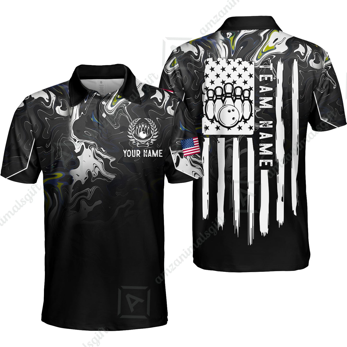 Custom Bowling Jersey Polo Shirt, Monochrome Fluid Marble Patriotic Flag, Custom Bowling Jersey Team Shirt For Players With Name and Team Name