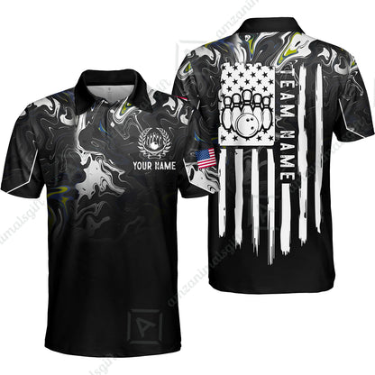 Custom Bowling Jersey Polo Shirt, Monochrome Fluid Marble Patriotic Flag, Custom Bowling Jersey Team Shirt For Players With Name and Team Name
