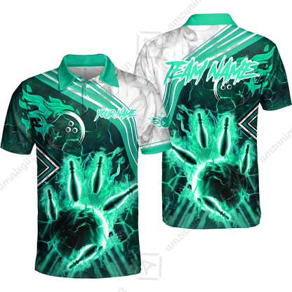 Customized Bowling Unisex Polo Shirt, Fire & Smoke Bowling Pins, Bowling Uniform - Personalized Name And Team Name