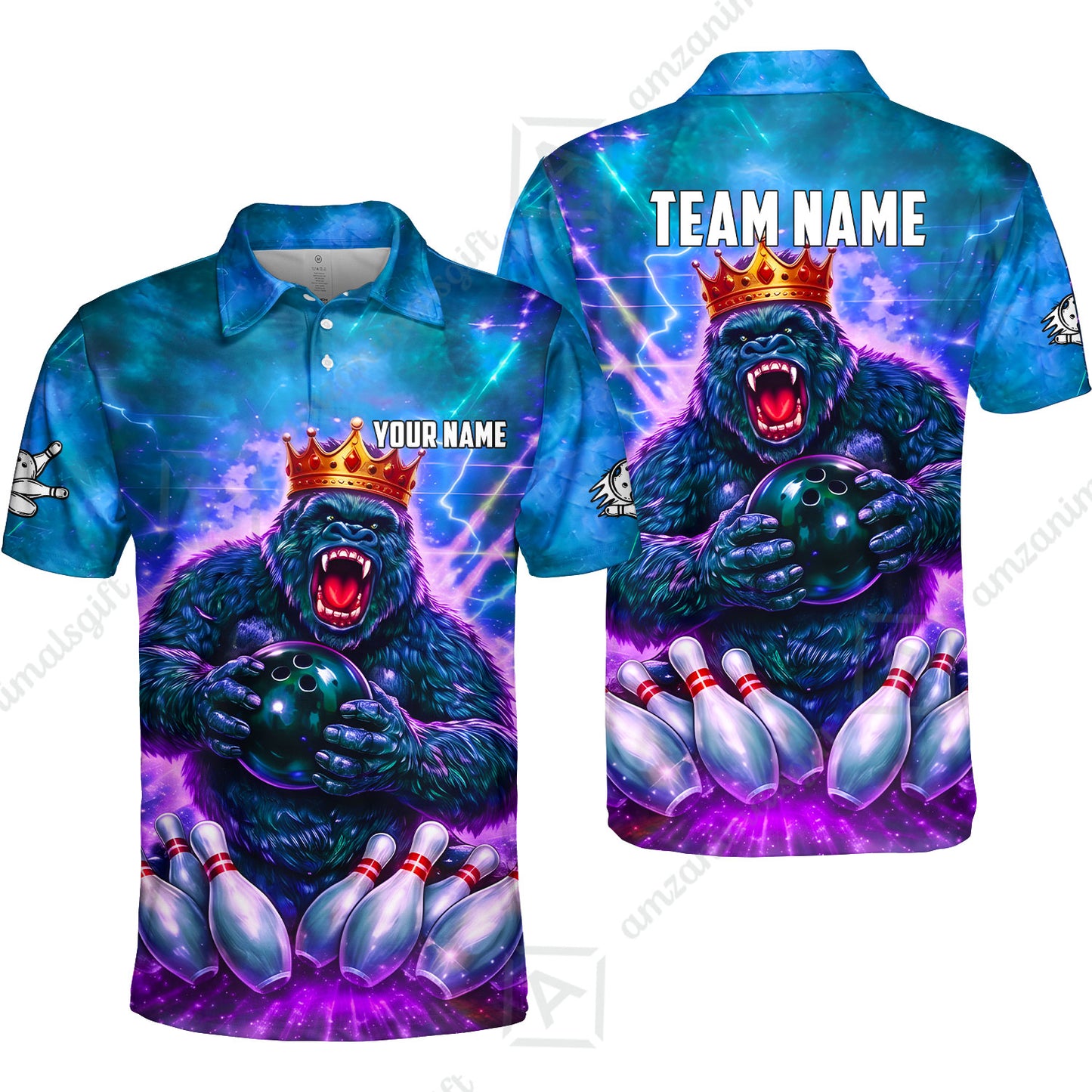 Custom Bowling Jersey Polo Shirt, King Gorilla Holding Bowling Ball, Custom Bowling Jersey Team Shirt For Players With Name & Team Name
