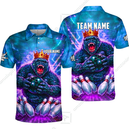 Custom Bowling Jersey Polo Shirt, King Gorilla Holding Bowling Ball, Custom Bowling Jersey Team Shirt For Players With Name & Team Name