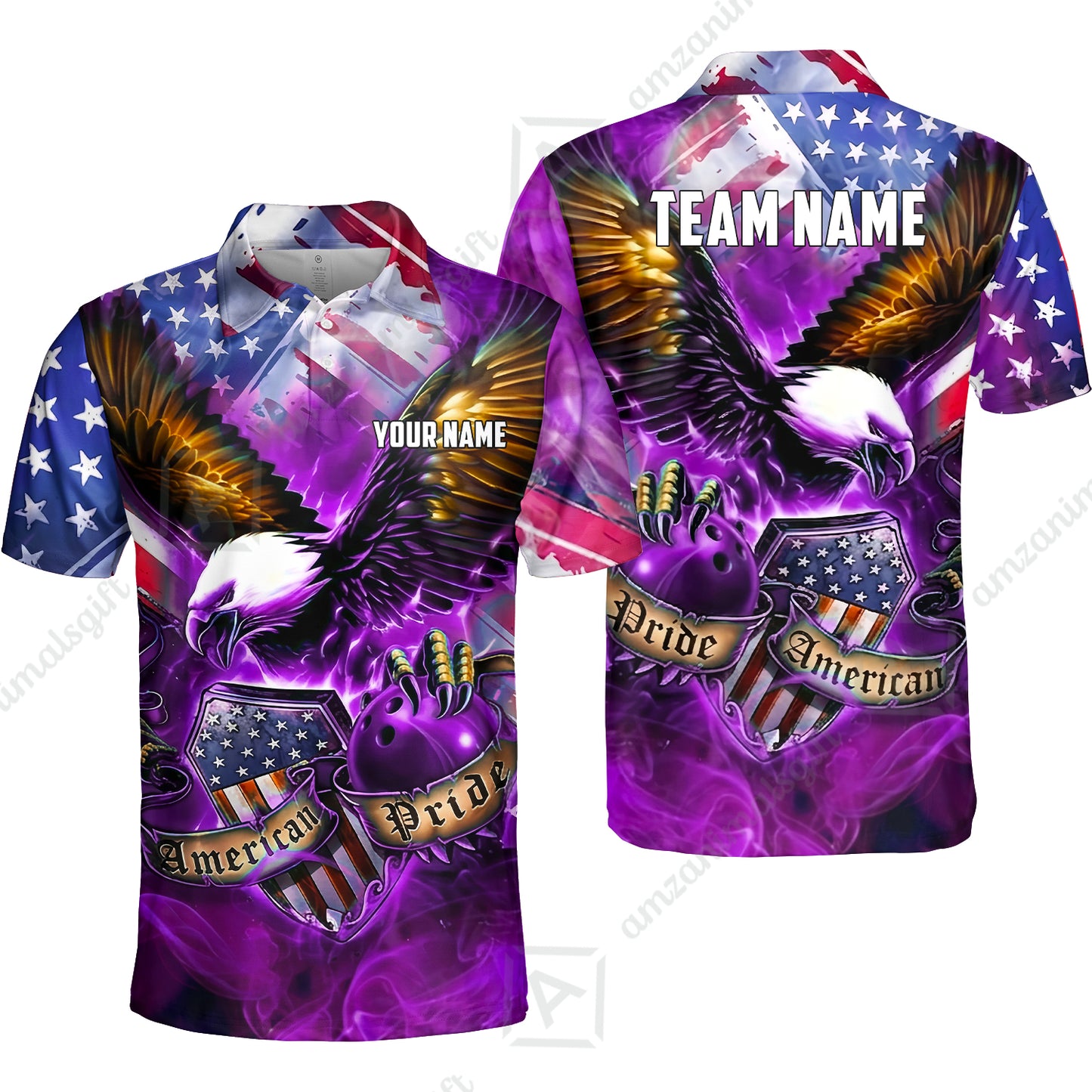 Custom Bowling Jersey Polo Shirt, American Pride Eagle, Personalized Name & Team Name