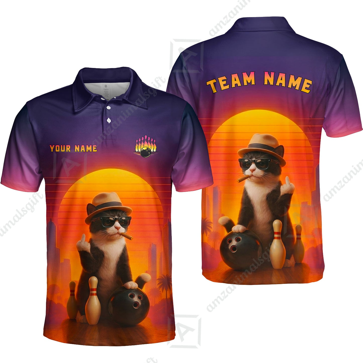 Custom Gangster Cat Bowling Jersey Polo Shirt, Custom Gangster Cat Bowling Jersey Team Shirt For Players With Name & Team Name