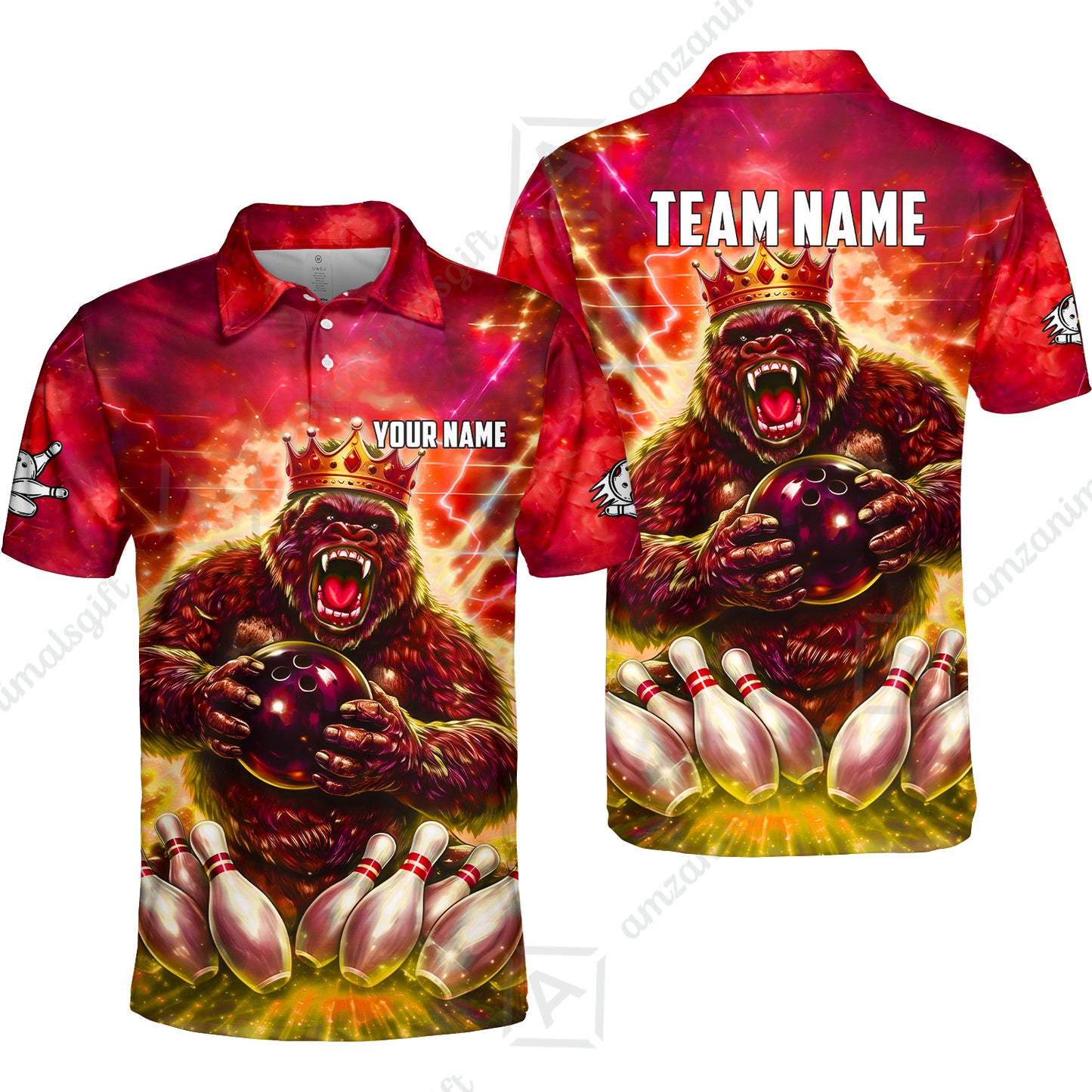 Custom Bowling Jersey Polo Shirt, King Gorilla Holding Bowling Ball, Custom Bowling Jersey Team Shirt For Players With Name & Team Name