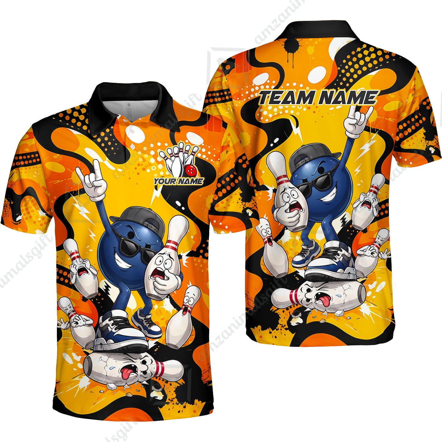 Custom Bowling Jersey Polo Shirt, Bowling Comic Book Art Orange Dot Flat Design, Personalize Name and Team Name