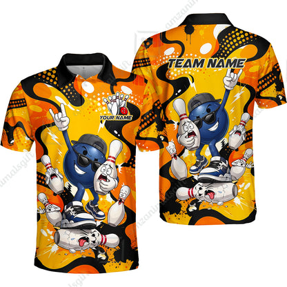 Custom Bowling Jersey Polo Shirt, Bowling Comic Book Art Orange Dot Flat Design, Personalize Name and Team Name