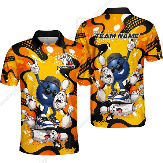 Custom Bowling Jersey Polo Shirt, Bowling Comic Book Art Orange Dot Flat Design, Personalize Name and Team Name