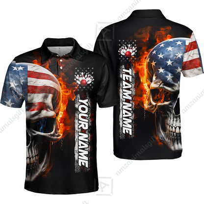 Custom Flaming USA Flag Bowling Jersey Polo Shirt, Custom Flaming USA Flag Bowling Jersey Team Shirt For Players With Name & Team Name
