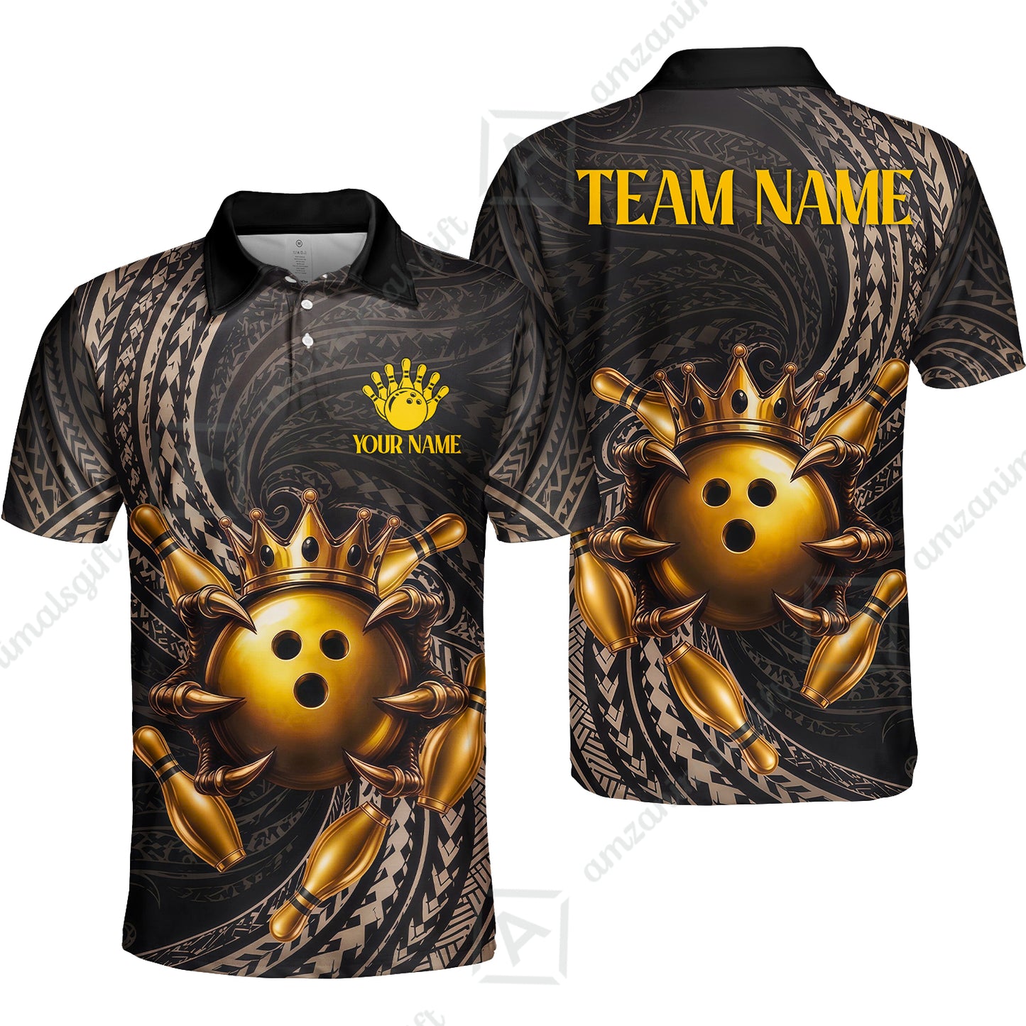 Custom Bowling Jersey Polo Shirt, Maori Tattoo Bowling Crown Gold Color, Custom Bowling Jersey Team Shirt For Players With Name and Team Name