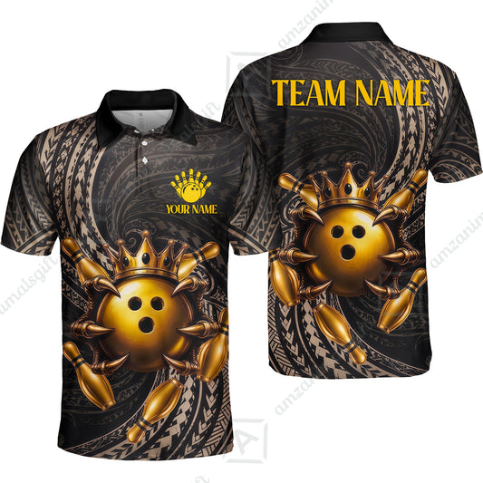 Custom Bowling Jersey Polo Shirt, Maori Tattoo Bowling Crown Gold Color, Custom Bowling Jersey Team Shirt For Players With Name and Team Name