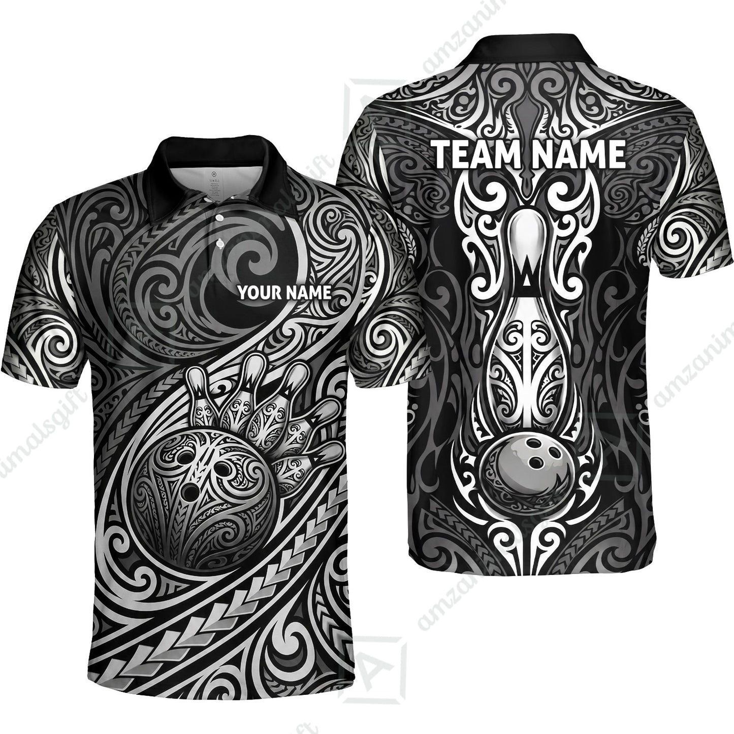 Custom Bowling Jersey Polo Shirt, Intricate Monochrome Tribal Spirit Bowling, Custom Bowling Jersey Team Shirt For Players With Name and Team Name