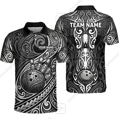 Custom Bowling Jersey Polo Shirt, Intricate Monochrome Tribal Spirit Bowling, Custom Bowling Jersey Team Shirt For Players With Name and Team Name