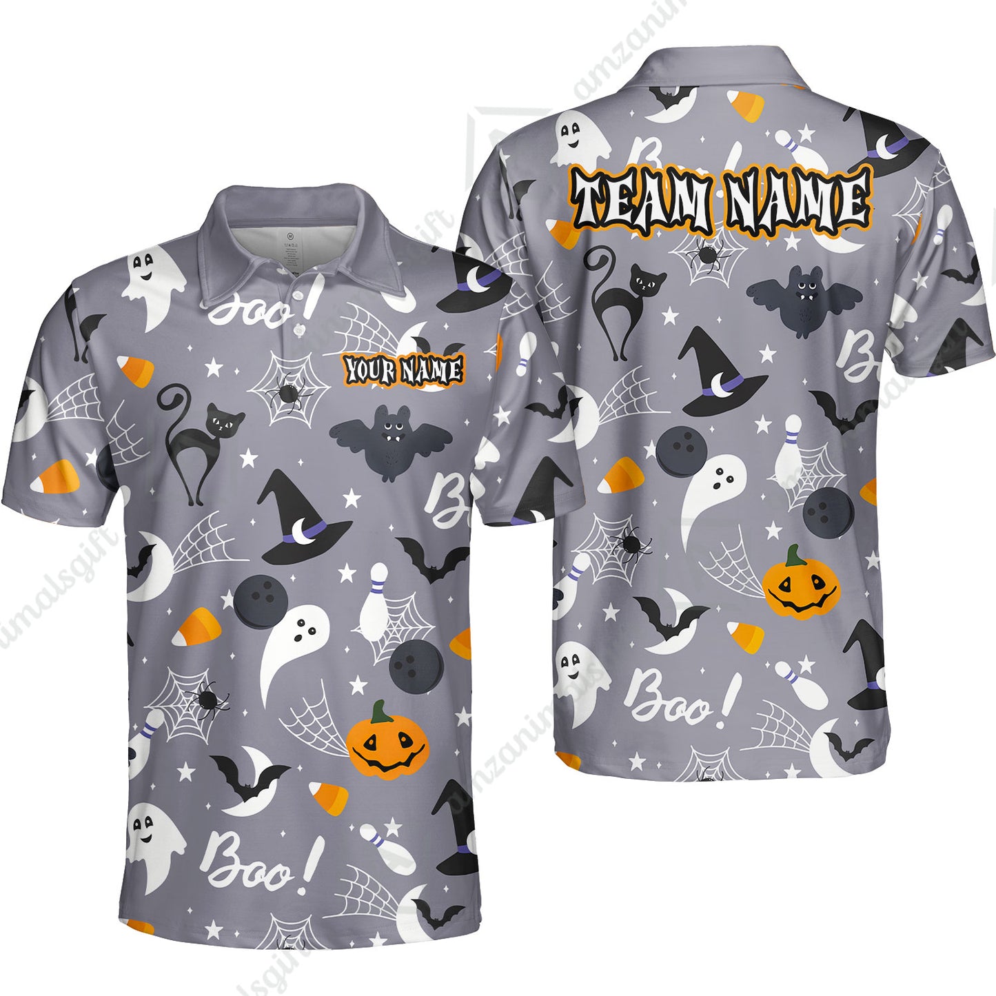 Customized Bowling Shirt, Halloween Pattern Bowling And Pin Boo Cat Ghost Bat Pumpkin, Personalized Polo Shirt For Players With Name & Team Name