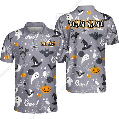 Customized Bowling Shirt, Halloween Pattern Bowling And Pin Boo Cat Ghost Bat Pumpkin, Personalized Polo Shirt For Players With Name & Team Name