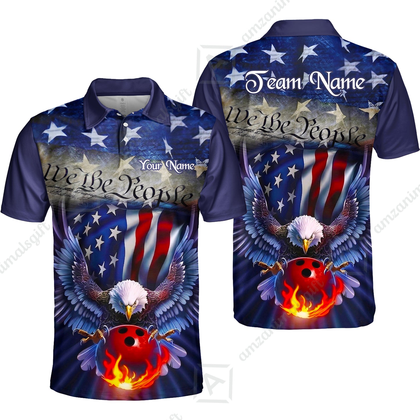 Custom Bowling Jersey Polo Shirt, Flaming Bowling Ball Eagle Custom Bowling Jersey Team Shirt For Players With Name & Team Name