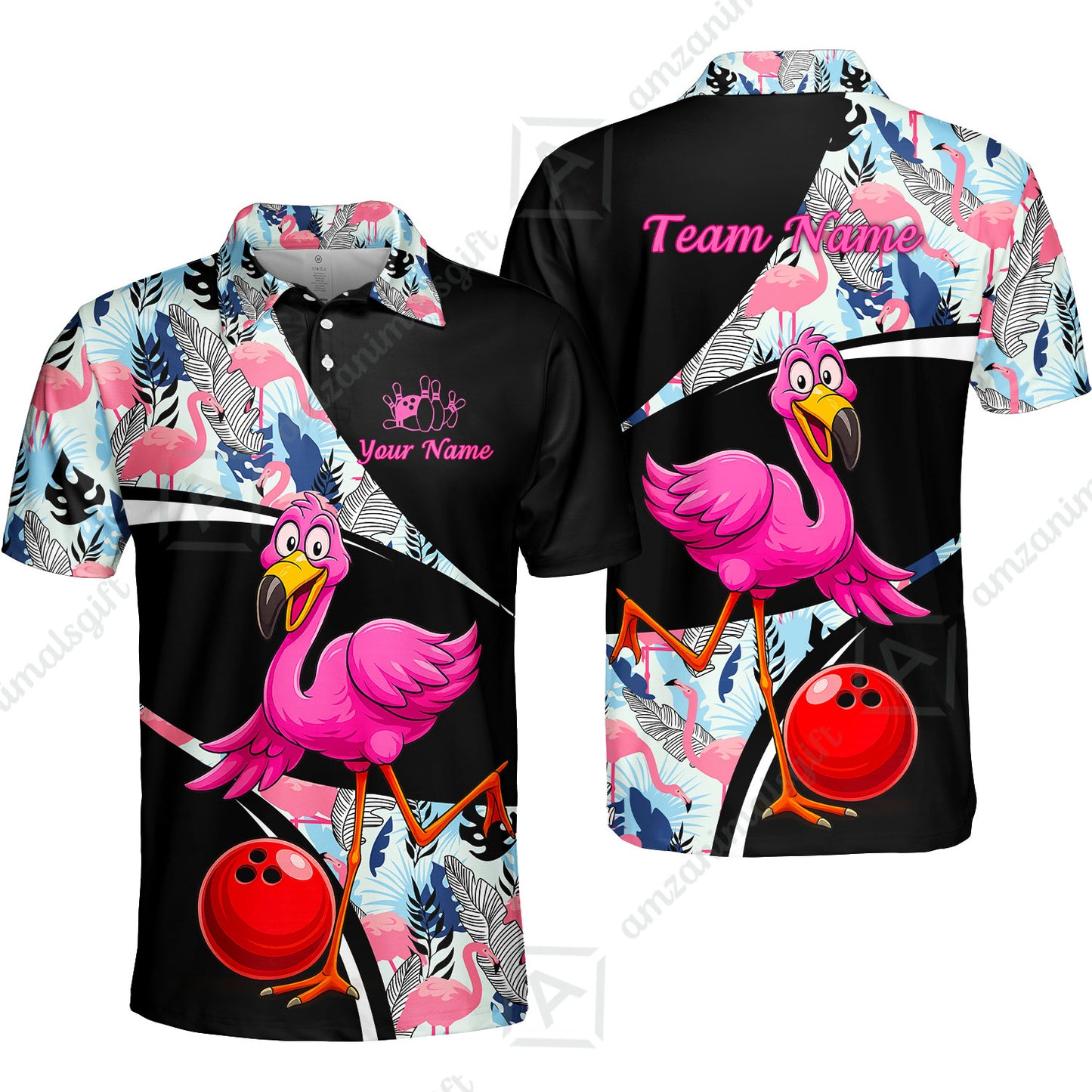 Custom Funny Cartoon Flamingo Bowling Jersey Polo Shirt, Custom Funny Cartoon Flamingo Bowling Jersey Team Shirt For Players With Name & Team Name