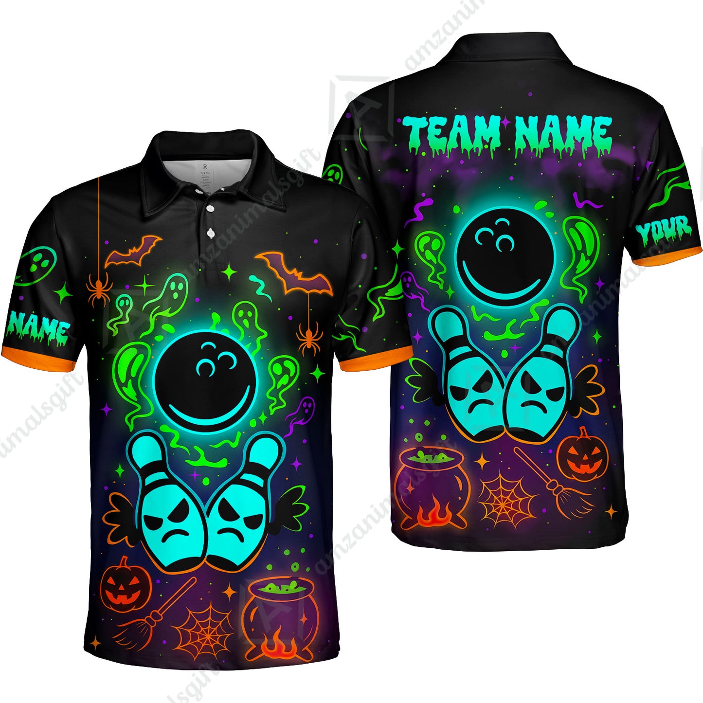 Customized Bowling Shirt, Halloween Neon Bowling, Personalized Polo Shirt For Players With Name & Team Name