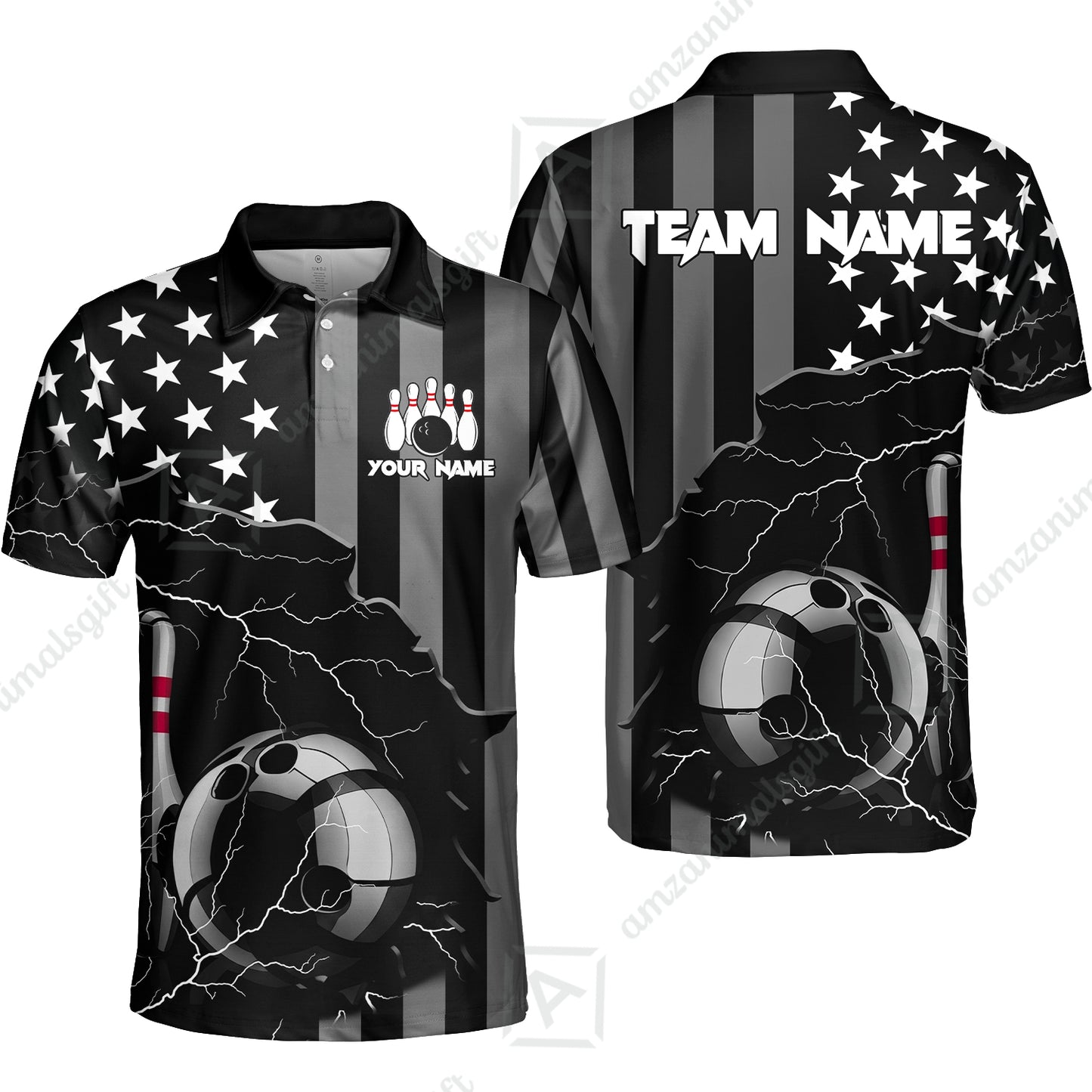 Custom Bowling Jersey Polo Shirt, Monochrome Lightning Flag Storm, Custom Bowling Jersey Team Shirt For Players With Name and Team Name