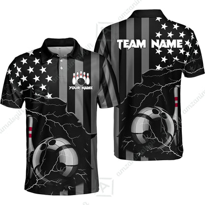 Custom Bowling Jersey Polo Shirt, Monochrome Lightning Flag Storm, Custom Bowling Jersey Team Shirt For Players With Name and Team Name