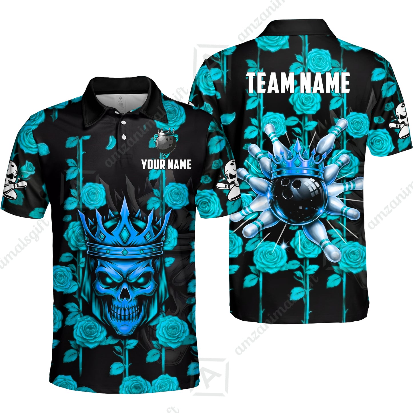 Custom Bowling Jersey Polo Shirt, Royal Skull Bowling, Custom Bowling Jersey Team Shirt For Players With Name & Team Name