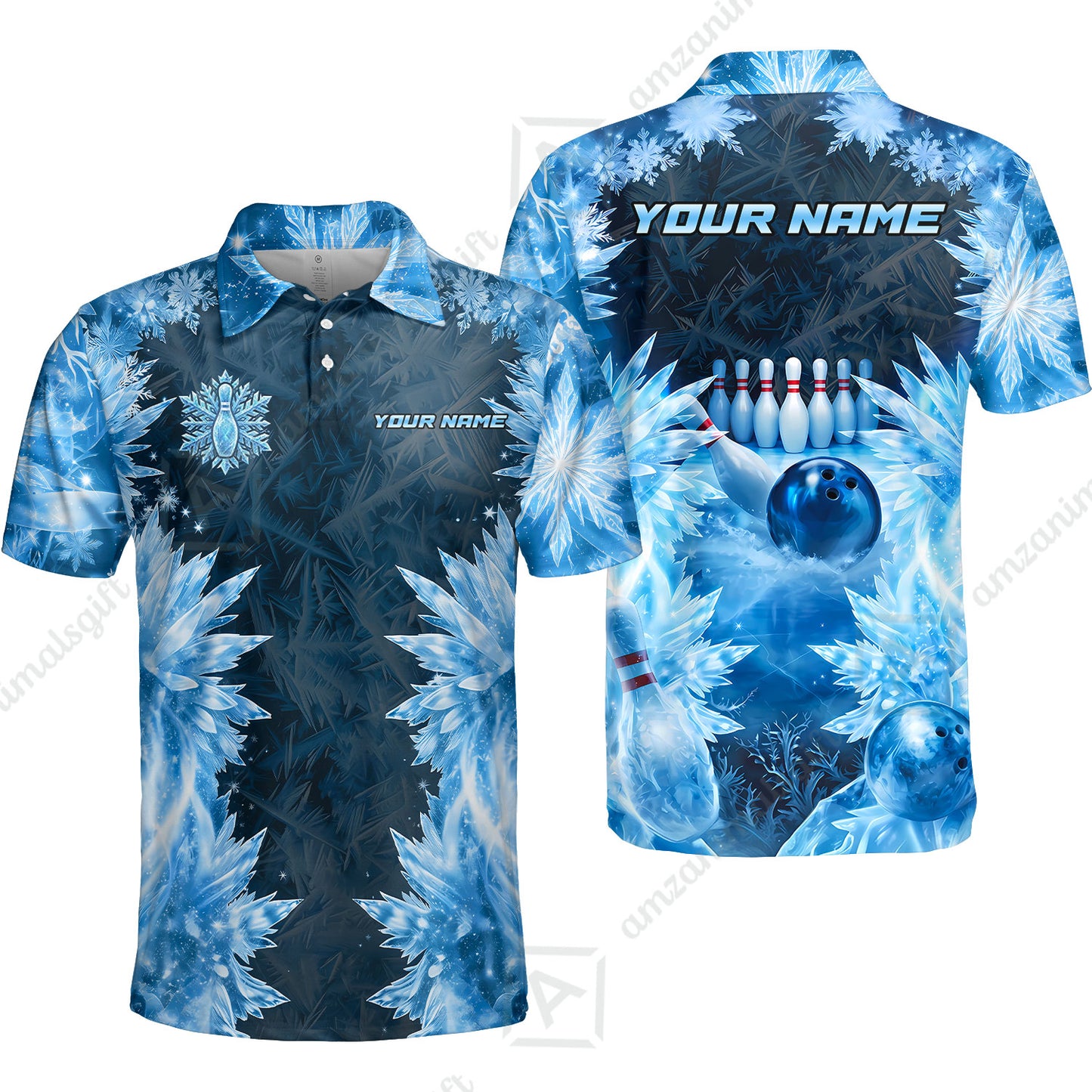 Custom Bowling Jersey Polo Shirt, Frozen Ice Crystal Strike, Custom Bowling Jersey Team Shirt For Players With Name and Team Name