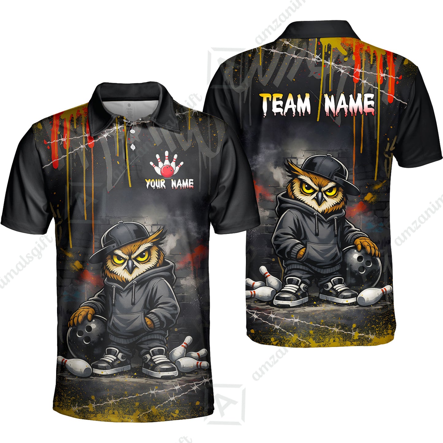 Custom Bowling Jersey Polo Shirt, Night Owl Striker Bowling, Custom Bowling Jersey Team Shirt For Players With Name & Team Name