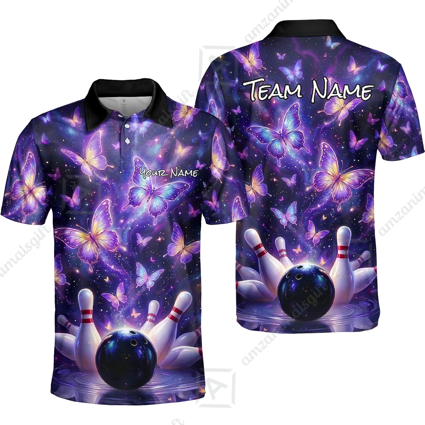 Custom Bowling Jersey Polo Shirt, Galaxy Butterfly Aesthetic Bowling, Custom Bowling Jersey Team Shirt For Players With Name & Team Name