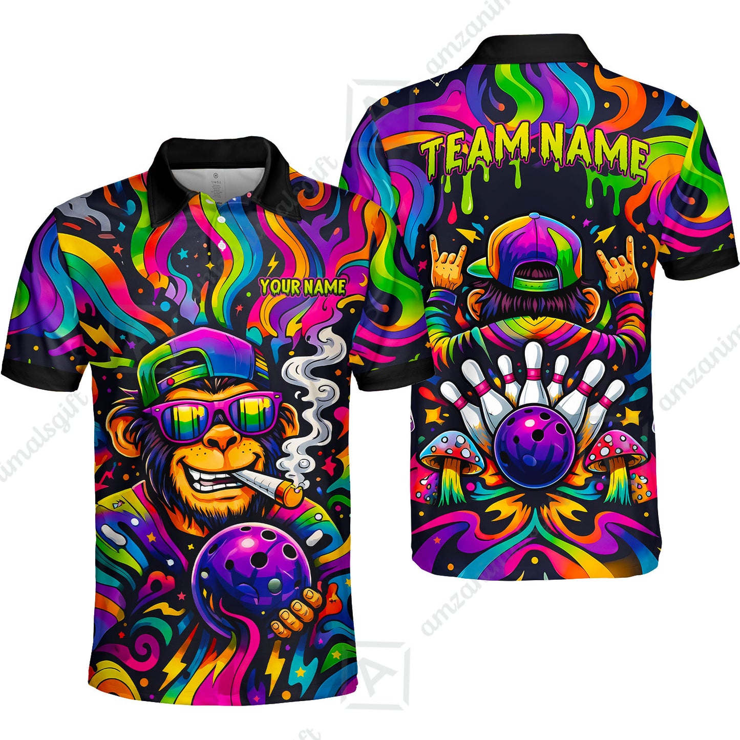 Custom Bowling Jersey Polo Shirt, Psychedelic Trippy Smoking Chimp, Custom Bowling Jersey Team Shirt For Players With Name and Team Name