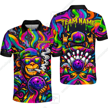Custom Bowling Jersey Polo Shirt, Psychedelic Trippy Smoking Chimp, Custom Bowling Jersey Team Shirt For Players With Name and Team Name