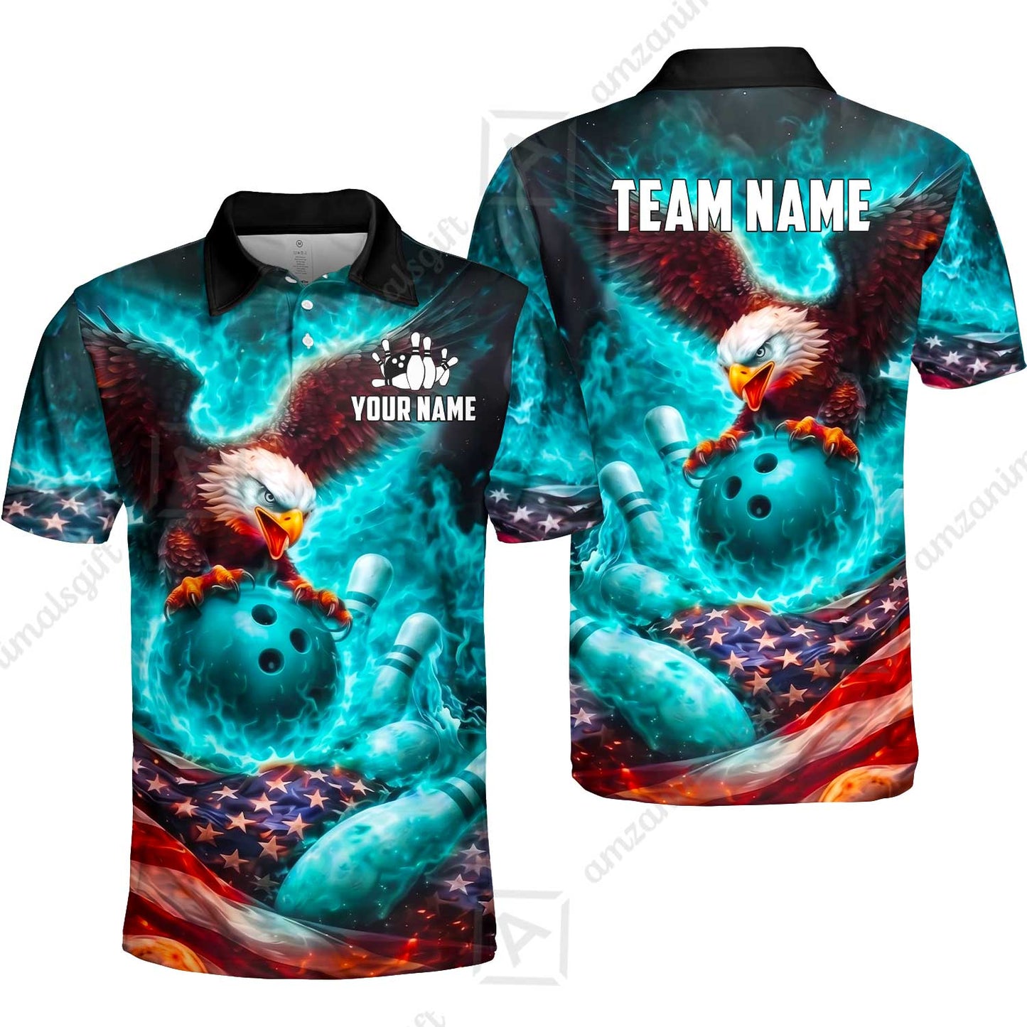 Custom Bowling Jersey Polo Shirt, Patriotic Blue Fire Eagle, Custom Bowling Jersey Team Shirt For Players With Name and Team Name