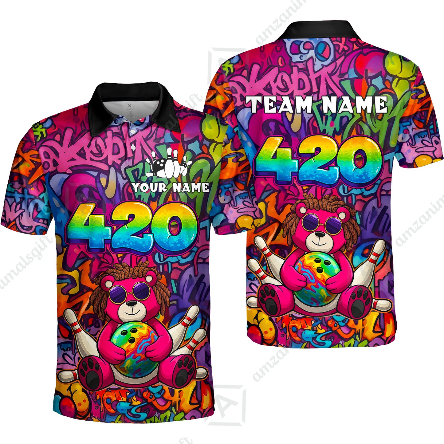 Custom Bowling Jersey Polo Shirt, 420 Graffiti Stoner Bear Colorful Street Art, Custom Bowling Jersey Team Shirt For Players With Name & Team Name