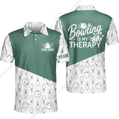 Customized Bowling Shirt, Bowling Is My Therapy, Personalized Polo Shirt For Players With Name & Team Name