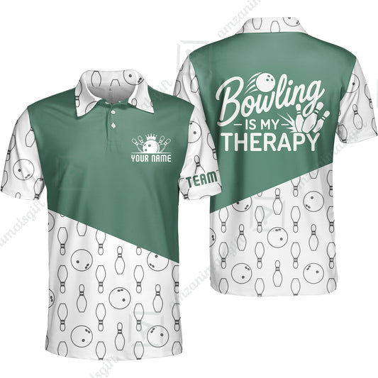 Customized Bowling Shirt, Bowling Is My Therapy, Personalized Polo Shirt For Players With Name & Team Name