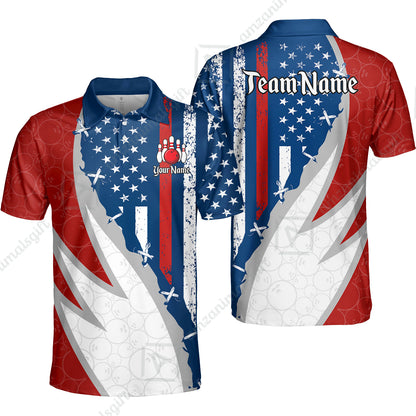 Custom Bowling Jersey Polo Shirt, Thin Red Line With Vintage Distressed American Flag, Personalize Name and Team Name