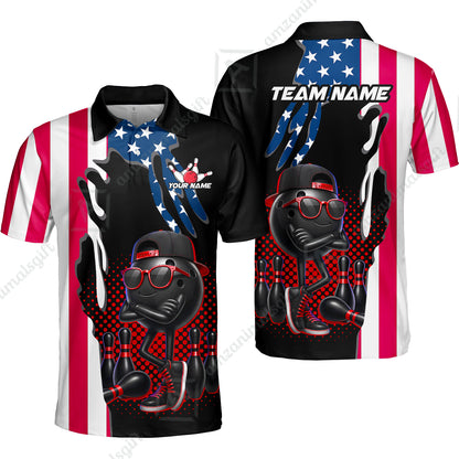 Custom Bowling Jersey Polo Shirt, Cool Hip Hop Patriotic Ball Mascot, Custom Bowling Jersey Team Shirt For Players With Name and Team Name