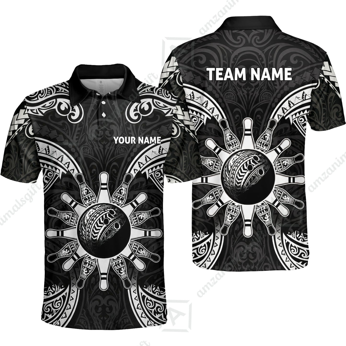 Custom Bowling Jersey Polo Shirt, Symmetric Polynesian Tribal Art Bowling, Custom Bowling Jersey Team Shirt For Players With Name and Team Name